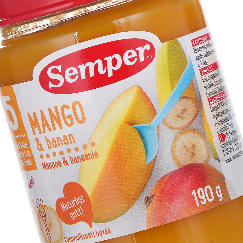 丹麦原装进口【森宝Semper】婴幼儿水果泥190克瓶装多种口味芒果与香蕉水果泥