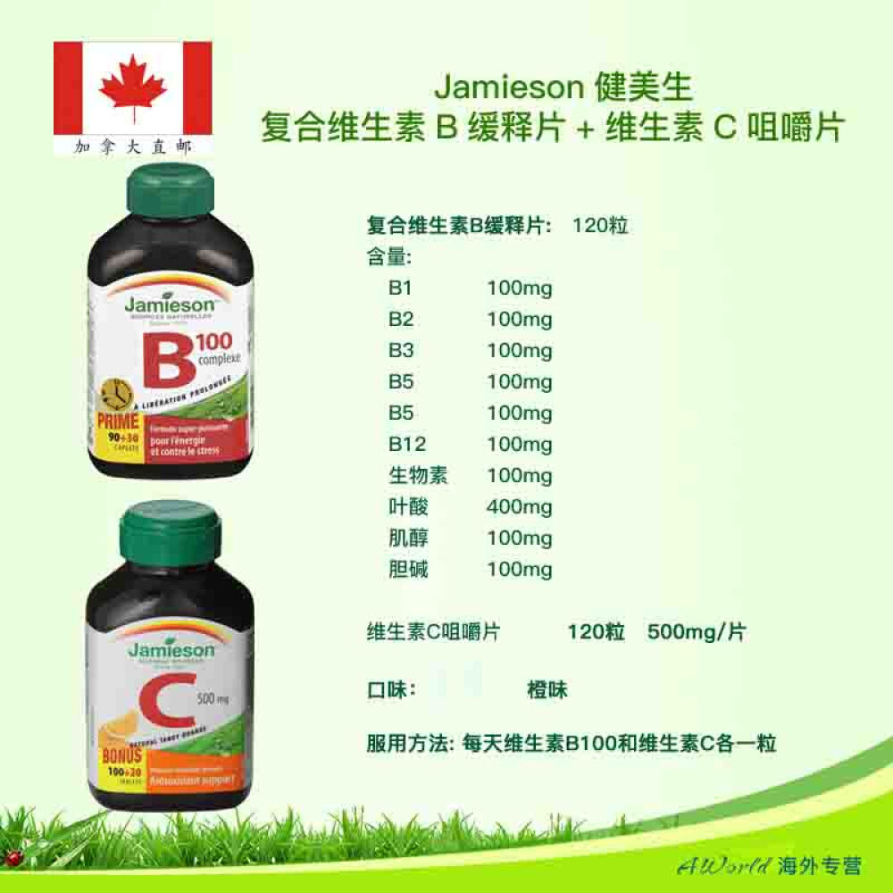 【加拿大直邮】Jamieson健美生维生素C咀嚼片-合维生素B100长效缓释型各120片