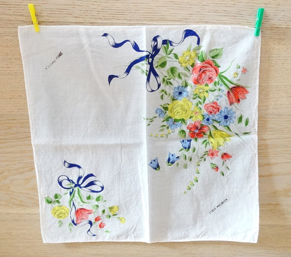 Ladieshandkerchiefcottonhankiefloralsmallwallartwallhanging1950s60svintage