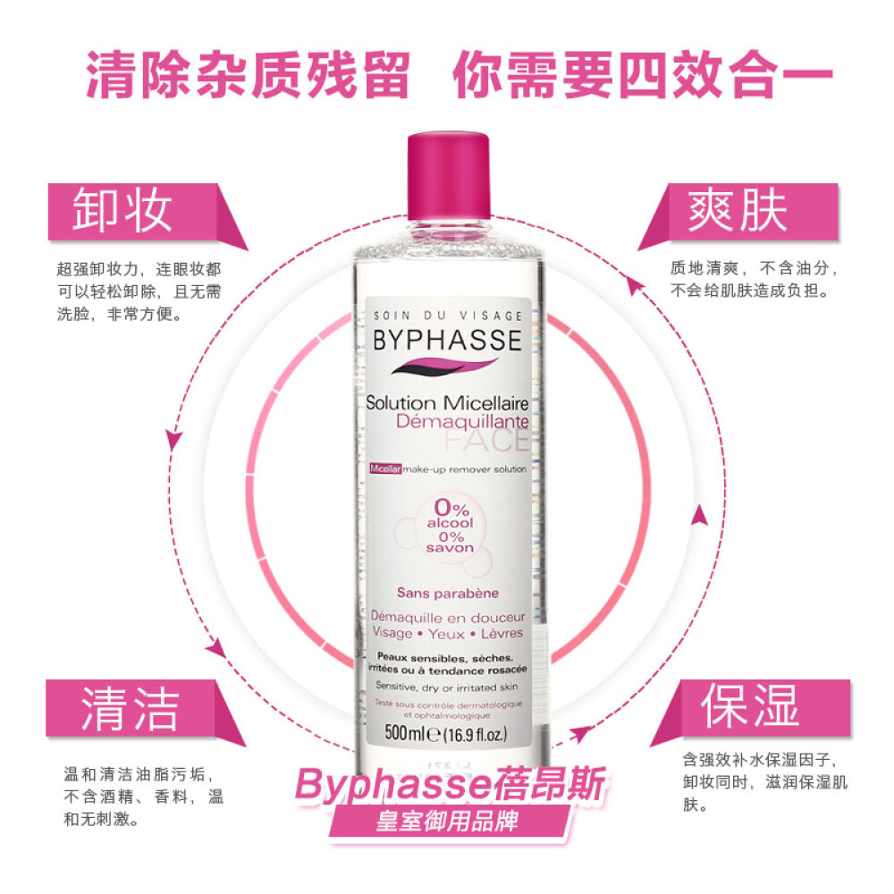 海外直邮BYPHASSE蓓昂斯四效合一卸妆水500ml卸妆液唇眼部清洁保湿温和卸妆三瓶装