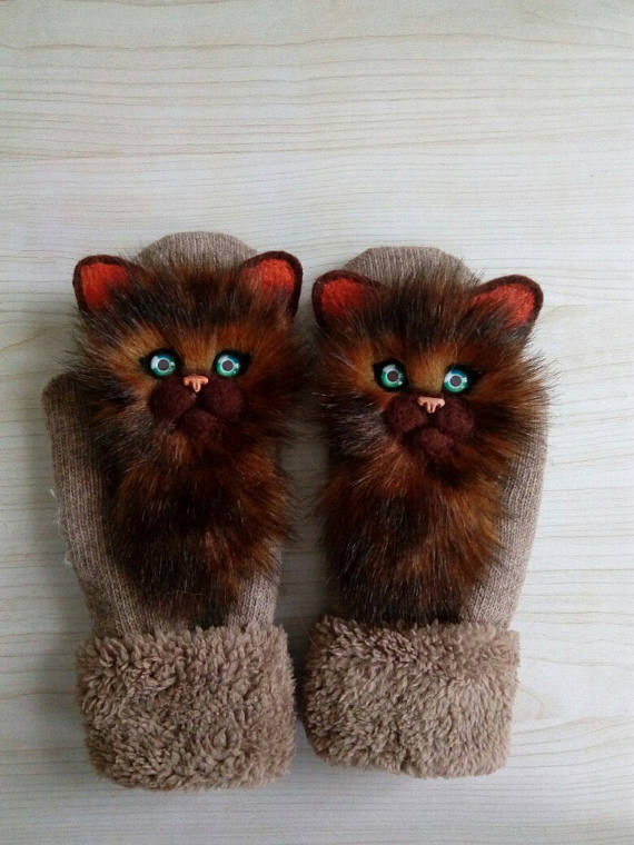 Catmittens/catmittenshandmadeKittenMittens,CrochetMittensTheCat,HandCrochetedMittensbrownGlovesanimalswarmmittenswithfur