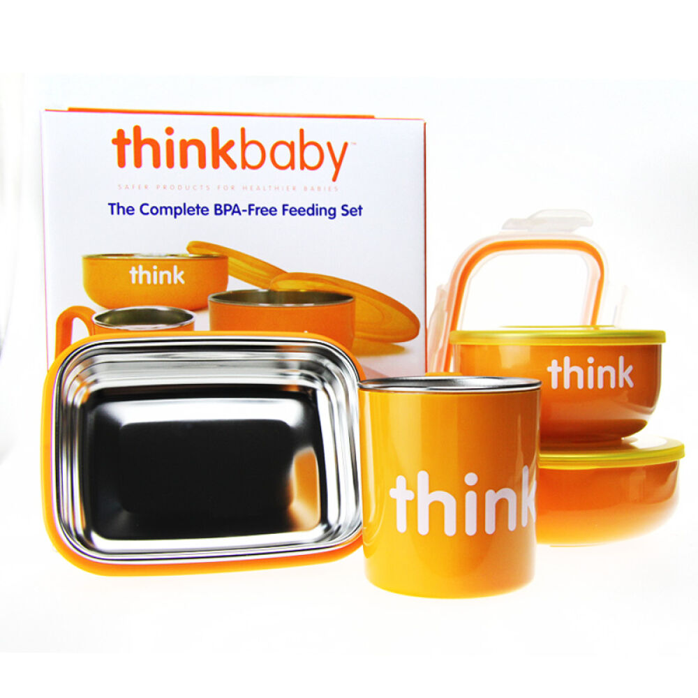 美国Thinkbaby不锈钢密封宝宝餐具儿童水杯汤碗餐盒4件套装粉色