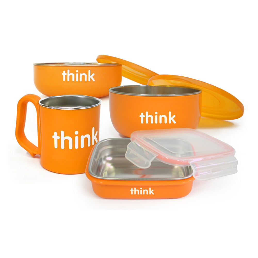 美国Thinkbaby宝宝不锈钢儿童餐具水杯汤碗餐盒4件套装橙色