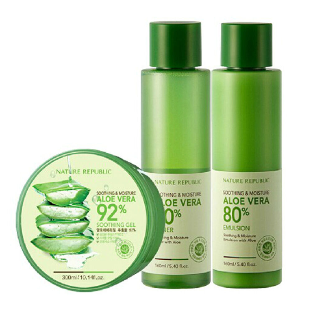 正品韩国NatureRepublic自然乐园芦荟胶水乳3件套装补水