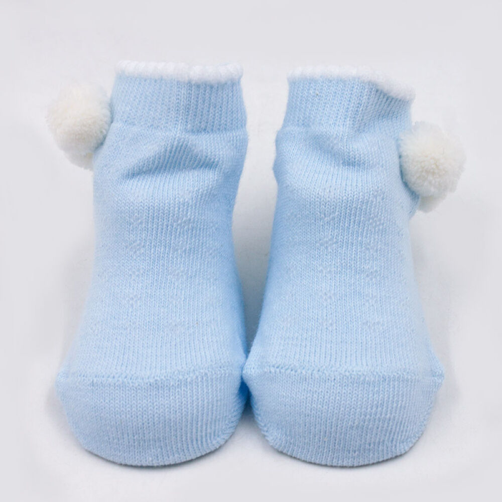 jirushi婴儿袜子新生儿纯棉袜宝宝毛球保暖立体蕾丝花边袜子蓝色毛球