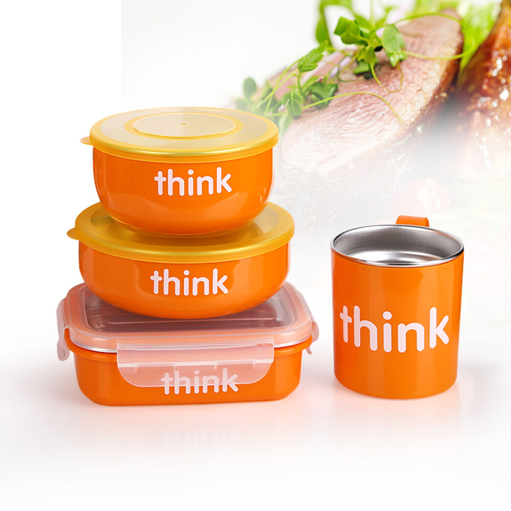 保税仓现货辛克宝贝Thinkbaby不锈钢儿童餐具套装宝宝餐碗四件套橙色款