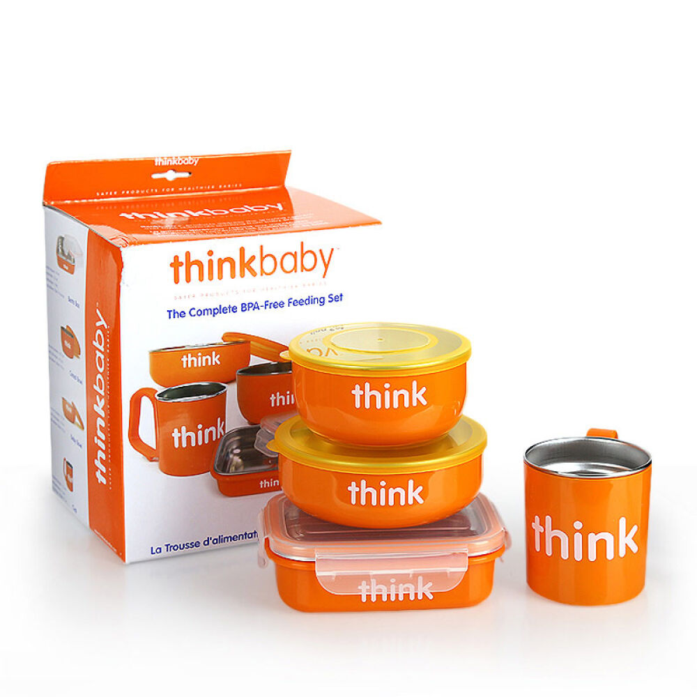 美国Thinkbaby宝宝不锈钢儿童餐具水杯汤碗餐盒4件套装橙色