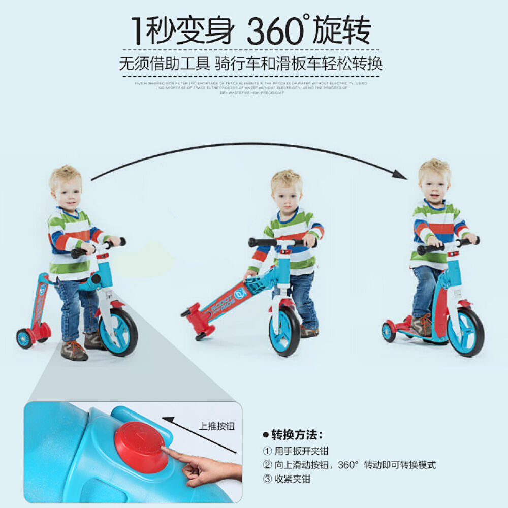 scootride骑滑一体车旋转儿童滑板车可升降折叠坐三轮1234岁蓝红色