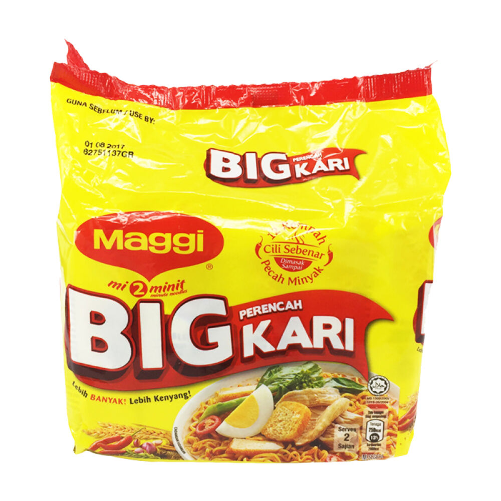 马来西亚进口Maggi美极特大包装2分钟方便面咖喱味（555gx2袋）