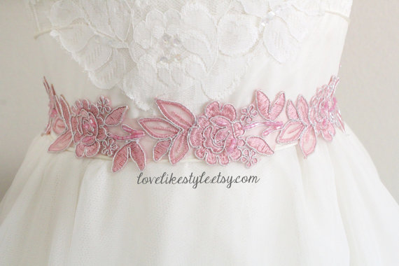 VintagePinkEmbroideryFlowerLaceSash,BridalPinkSashBelt,BridesmaidSash,BridesmaidHeadband,HeadTie.