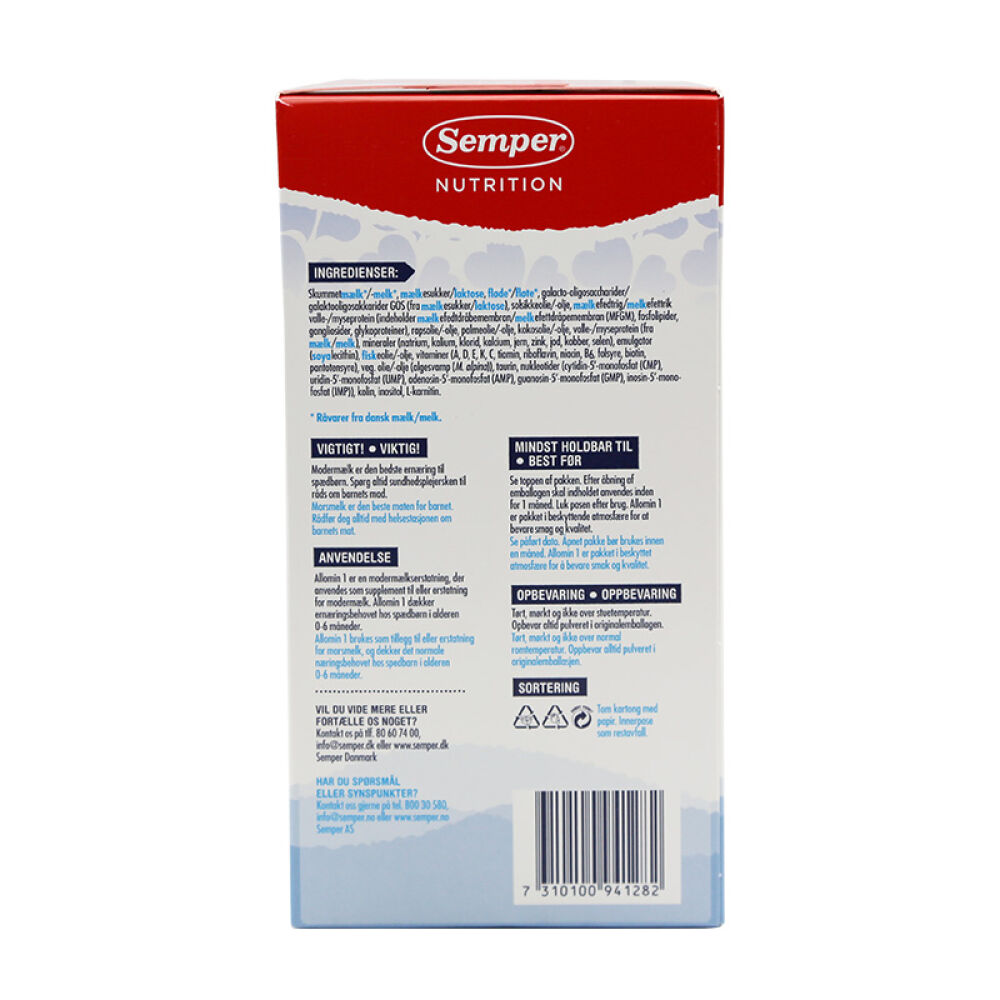 丹麦进口森宝SemperAllomin婴儿奶粉1段0-6个月加强型森宝1段2盒