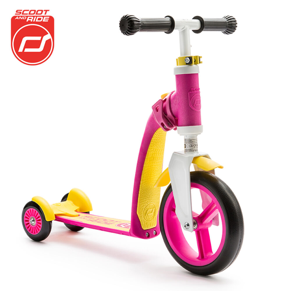 奥地利scootride儿童滑板车骑滑2合1滑板车平衡可坐粉黄色