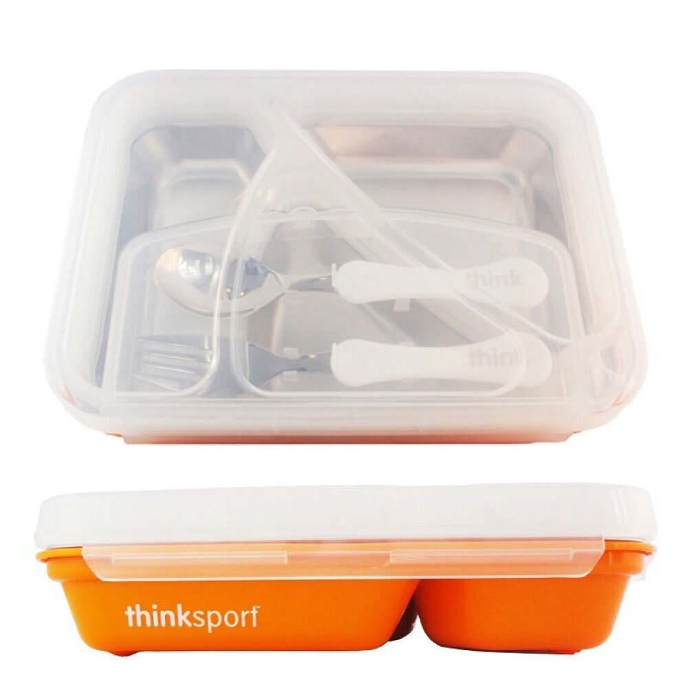 【全球购】ThinkBaby辛克宝贝儿童不锈钢餐盘叉勺套装宝宝分格饭盒餐盒餐具橙色