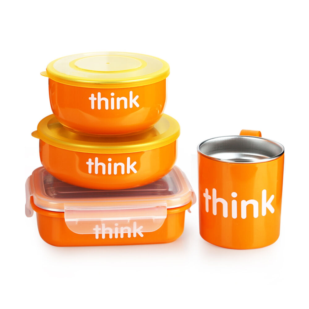 【全球购】美国Thinkbaby婴儿水杯不锈钢碗宝宝餐具隔热儿童饭盒4件桔色