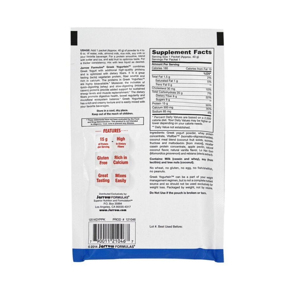 【美国正品直邮】JarrowFormulas富含蛋白质和膳食纤维椰奶口味希腊酸奶粉未定义1.40oz.