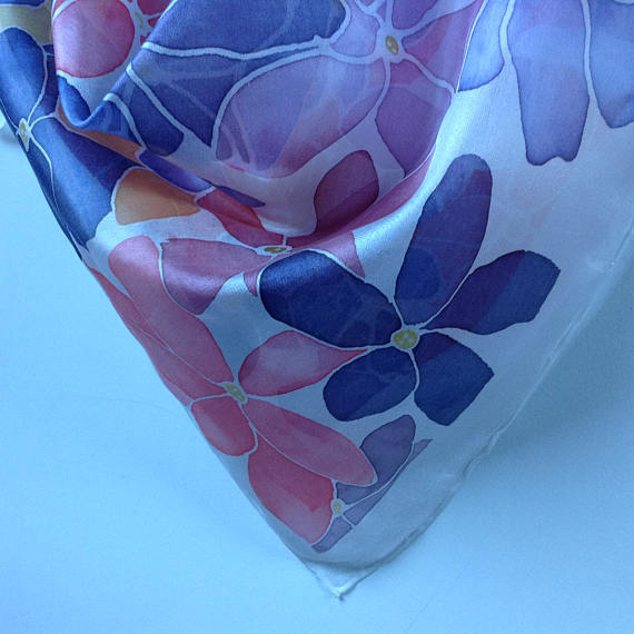 UniqueHandmadeSilkScarf-HandPaintedPureSilkNeckerchief-FlowerySilkScarf-SpringSilkBandana-LovelyGiftMom-45x45cm