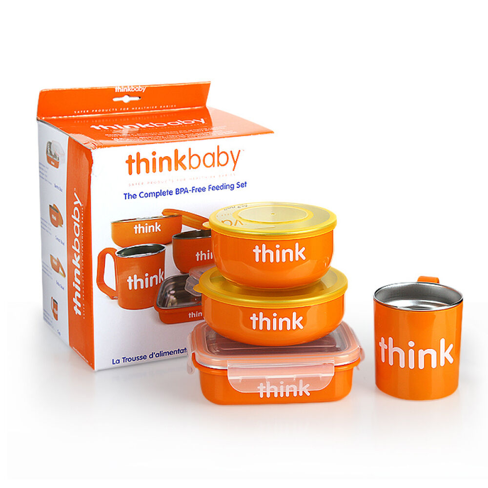 【全球购】美国Thinkbaby辛克宝贝防摔隔热四件套进口儿童不锈钢餐具餐碗餐碗餐盒餐具四件套橙色