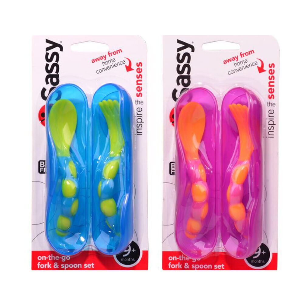 美国正品Sassy宝宝学习训练勺子婴儿碗勺套装宝宝儿童餐具带盒叉勺组(蓝色)