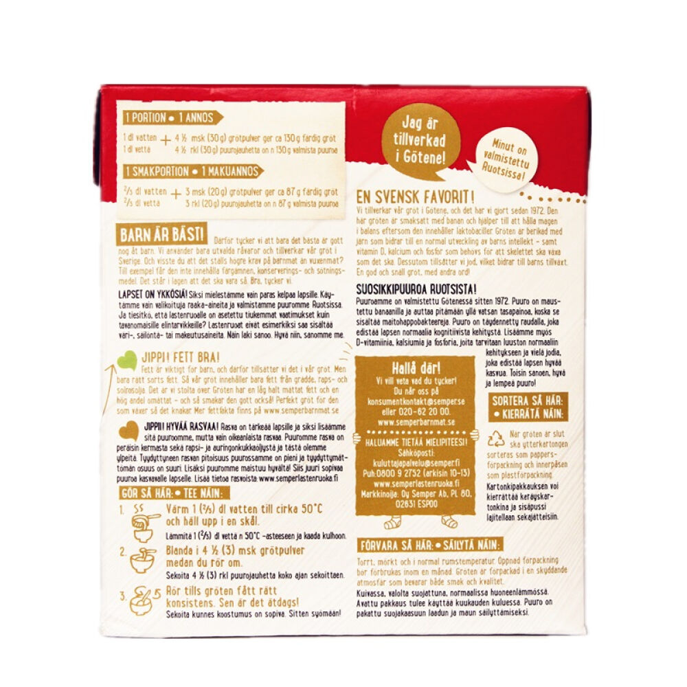 【全球购】瑞典原装进口Semper森宝水果麦粥米糊米粉含益生菌4月以上香蕉口味