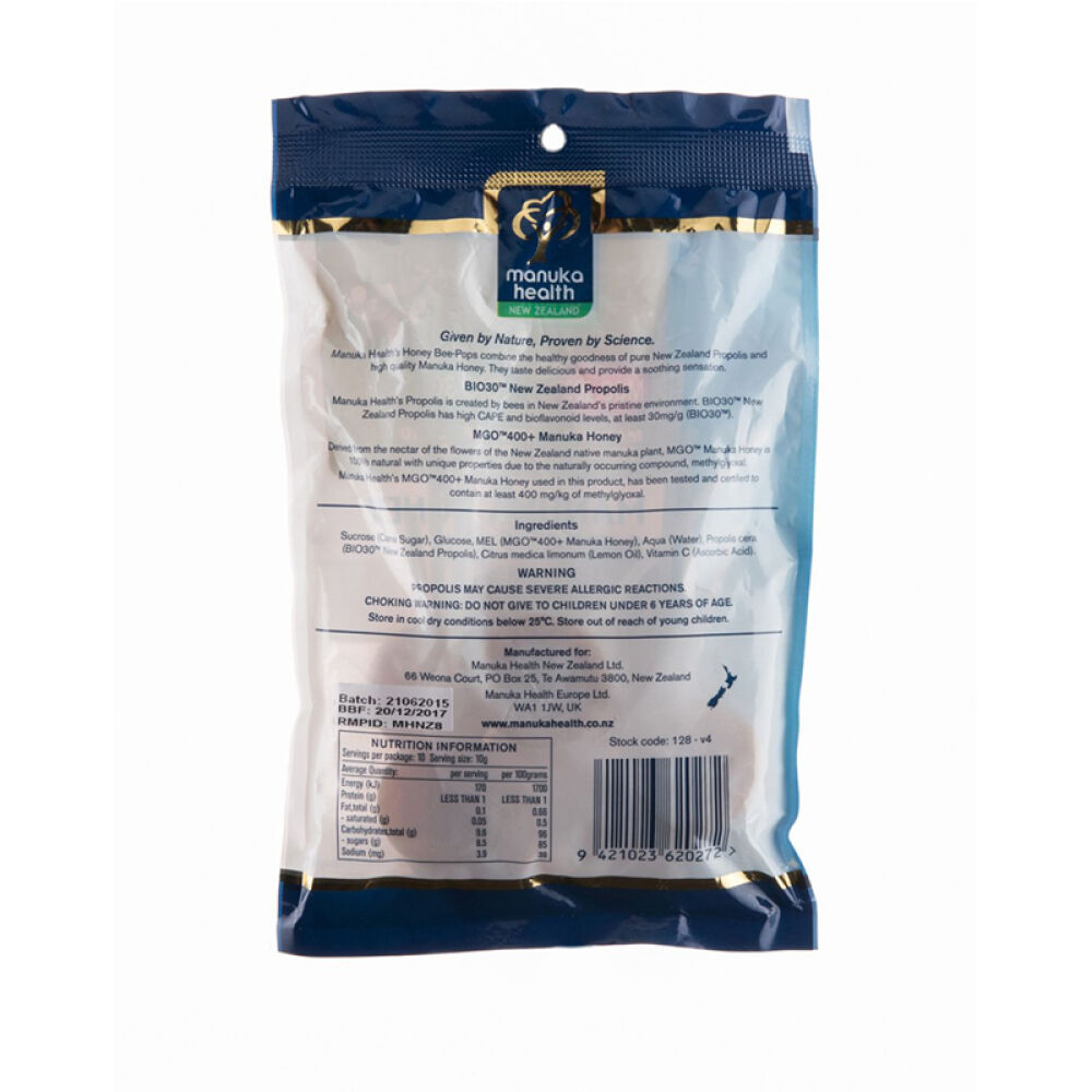 ManukaHealth蜜纽康MGO400+麦卢卡蜂蜜蜂胶棒棒糖10支100克