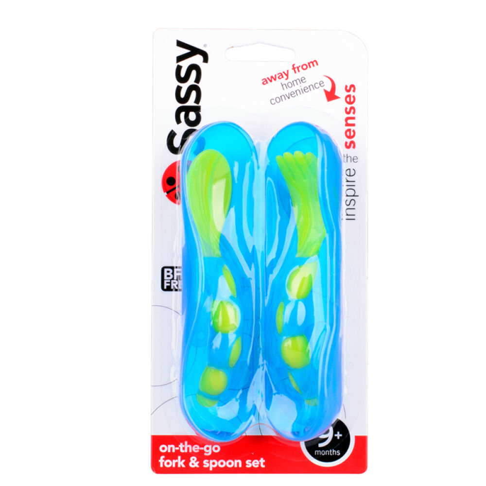 美国正品Sassy宝宝学习训练勺子婴儿碗勺套装宝宝儿童餐具带盒叉勺组(蓝色)
