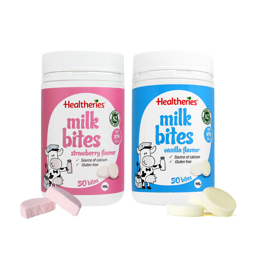 全球购新西兰直邮贺寿利Healtheries高钙干吃牛奶片零食补钙50粒多种口味草莓味50粒*2瓶