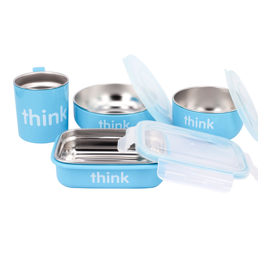 【全球购】美国Thinkbaby婴儿水杯不锈钢碗宝宝餐具隔热儿童饭盒4件天蓝