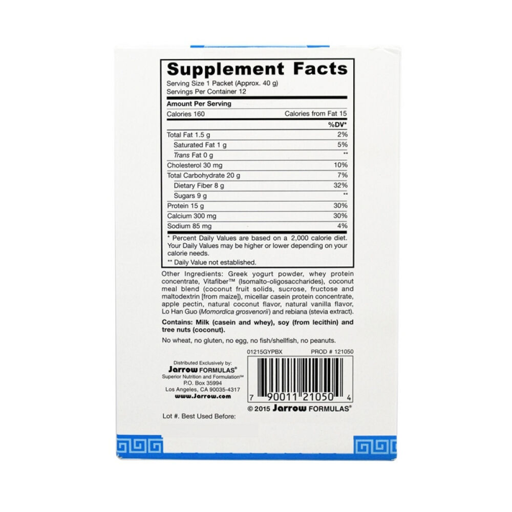 【美国正品直邮】JarrowFormulas富含蛋白质和膳食纤维椰奶口味希腊酸奶粉未定义12.00Packet(s)