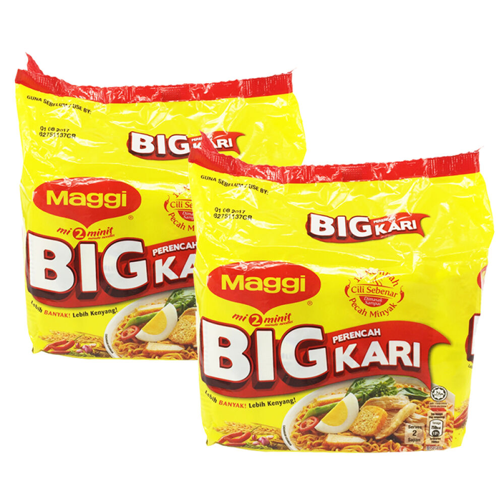 马来西亚进口Maggi美极特大包装2分钟方便面咖喱味（555gx2袋）