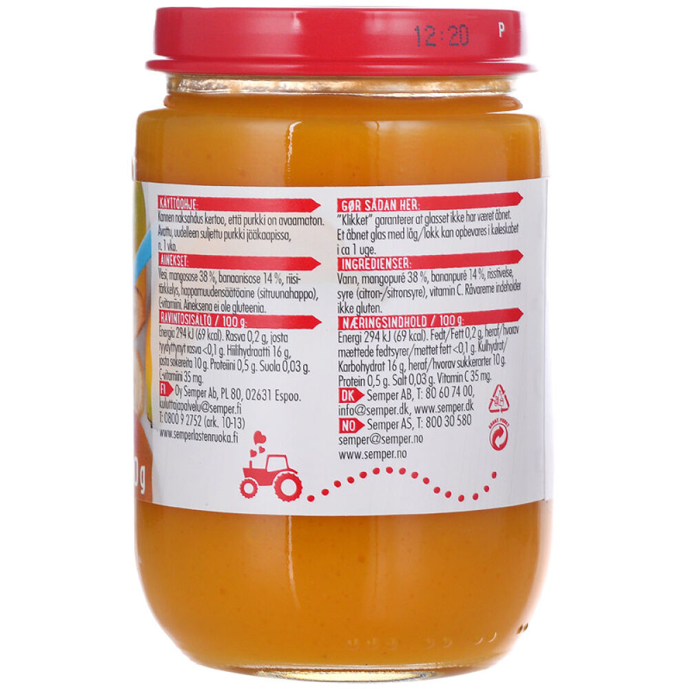 丹麦原装进口【森宝Semper】婴幼儿水果泥190克瓶装多种口味芒果与香蕉水果泥