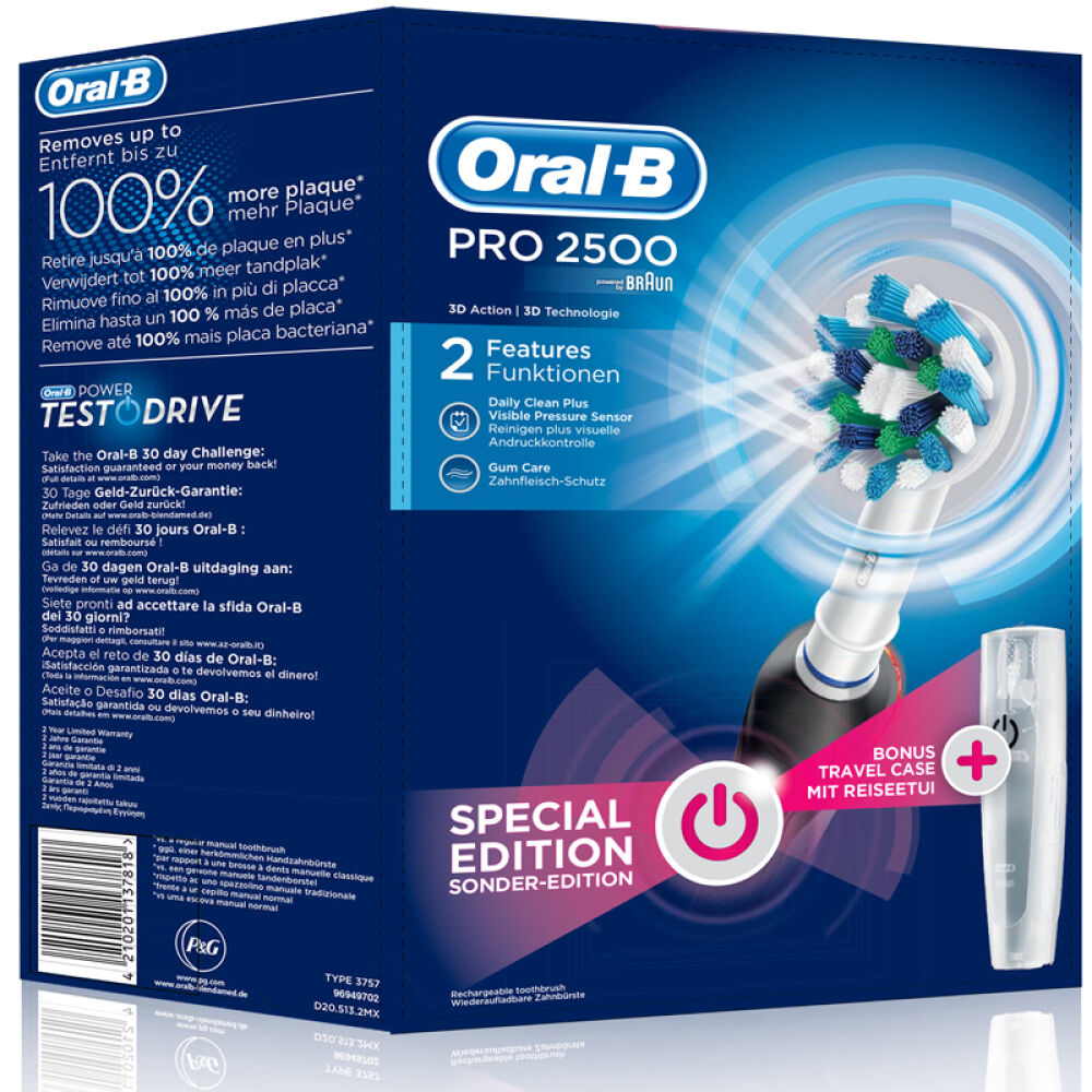 自营德国欧乐B(Oral-B)P2500极客黑限量版电动牙刷3D清洁技术
