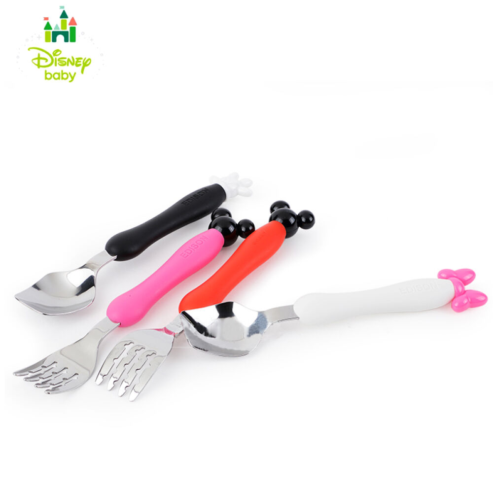 全球购日本进口KJCEdison爱迪生婴幼儿童学习训练套装餐具宝宝不锈钢叉勺学习筷子米妮edison1.5岁叉+勺