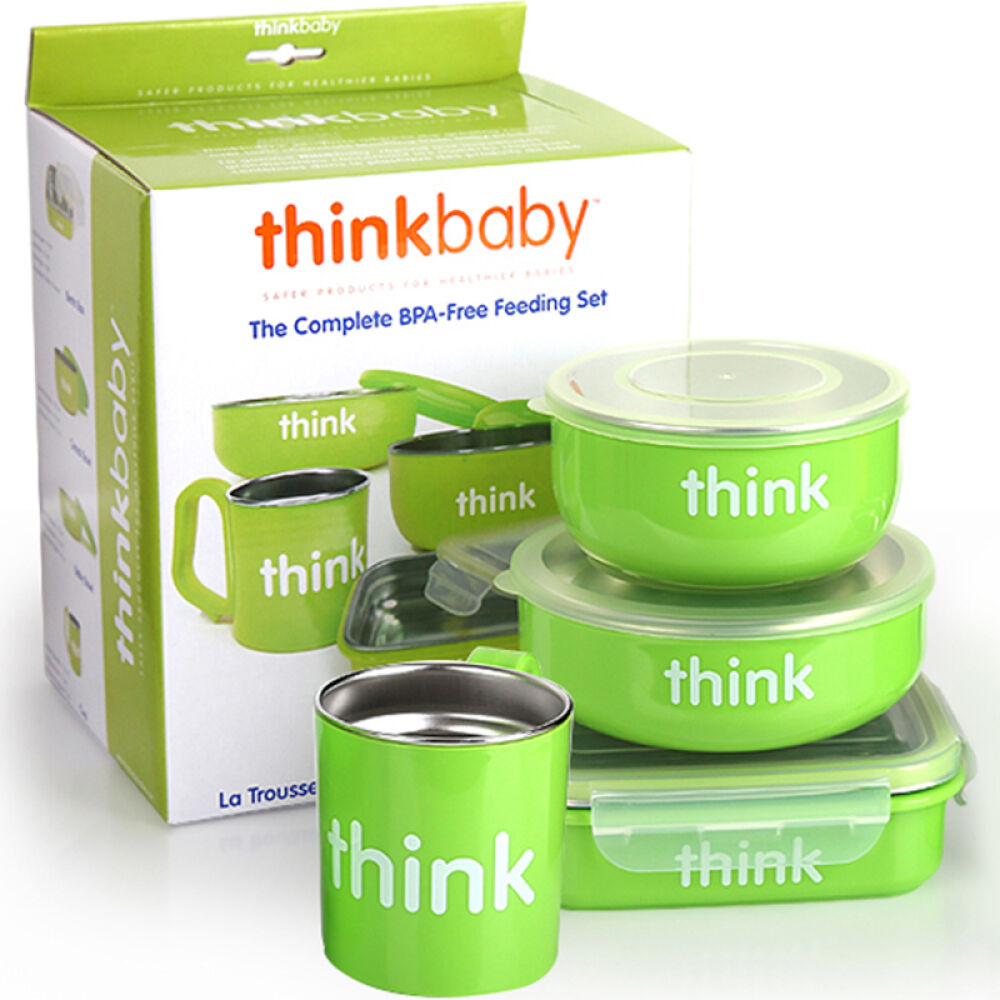 美国辛克宝贝（Thinkbaby）婴幼儿宝宝儿童双层隔热不锈钢餐具套餐饭盒4件/套宝宝隔热保温餐碗水杯套装绿色