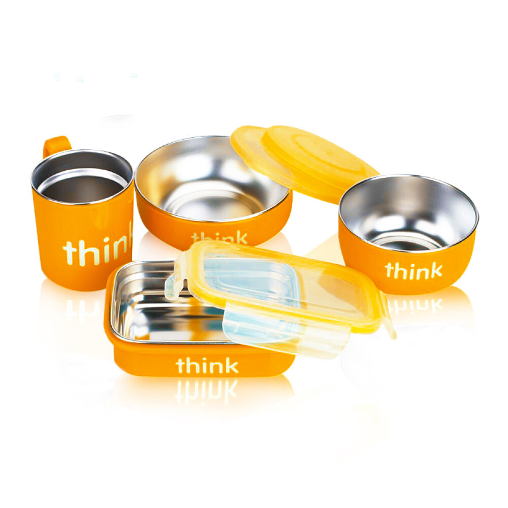 【全球购】美国Thinkbaby辛克宝贝防摔隔热四件套进口儿童不锈钢餐具餐碗餐碗餐盒餐具四件套橙色