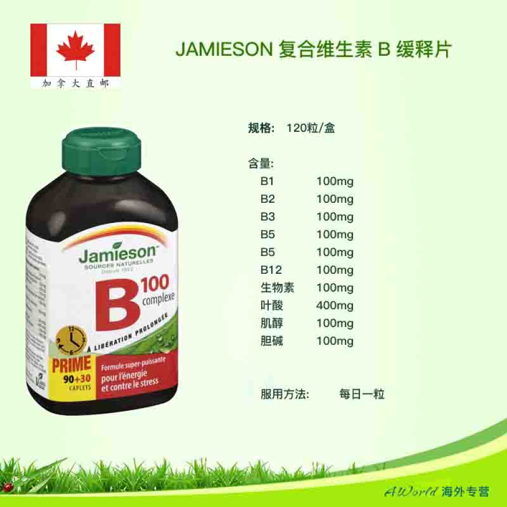 【加拿大直邮】jamieson健美生复合维生素b族片b100长效缓释型120片