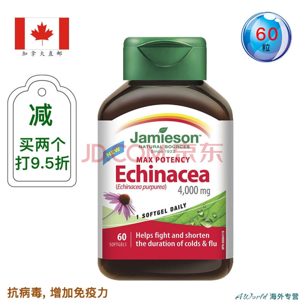 【加拿大直邮】Jamieson健美生天然草药紫锥菊精华胶囊4000mg*60粒预防流感
