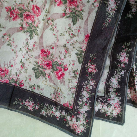 VintageShabbyChichandkerchief-VintageChristianDiorHandkerchiefwithrosesandleavespatterns-Greatforcollectableandgift