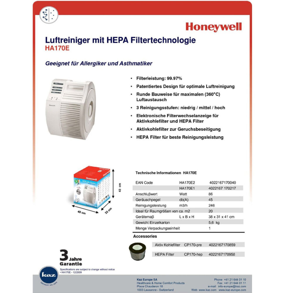 包税【全球购】霍尼韦尔Honeywell空气净化器除PM2.5原装进口HA170E白色
