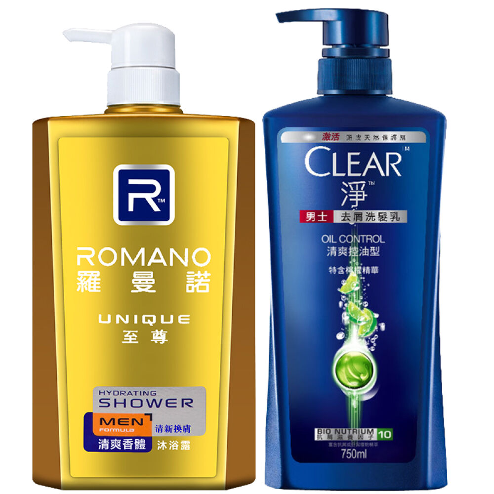 香港直邮港版清扬去屑控油洗发水750ml男士柠檬+罗曼诺男士至尚沐浴露600ml