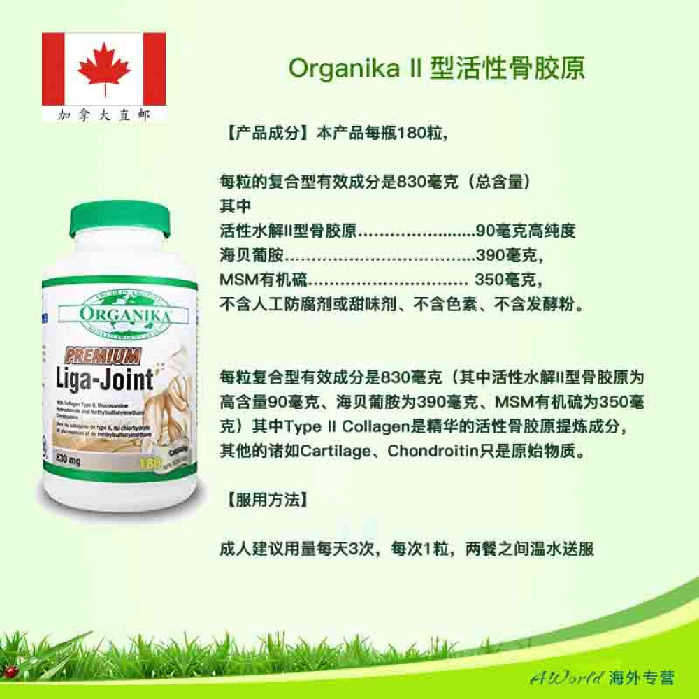 【加拿大直邮】OrganikaII型活性骨胶原180粒关节部位疼痛炎症