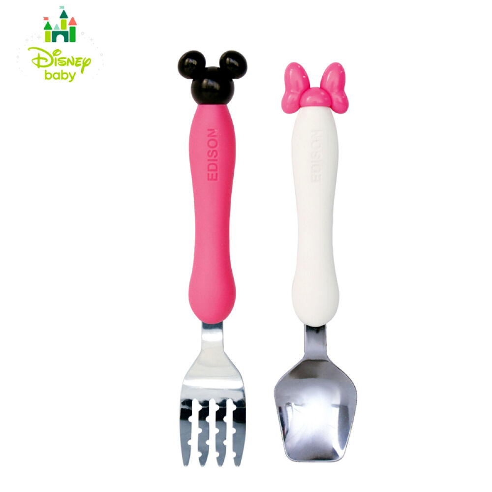 全球购日本进口KJCEdison爱迪生婴幼儿童学习训练套装餐具宝宝不锈钢叉勺学习筷子米妮edison1.5岁叉+勺
