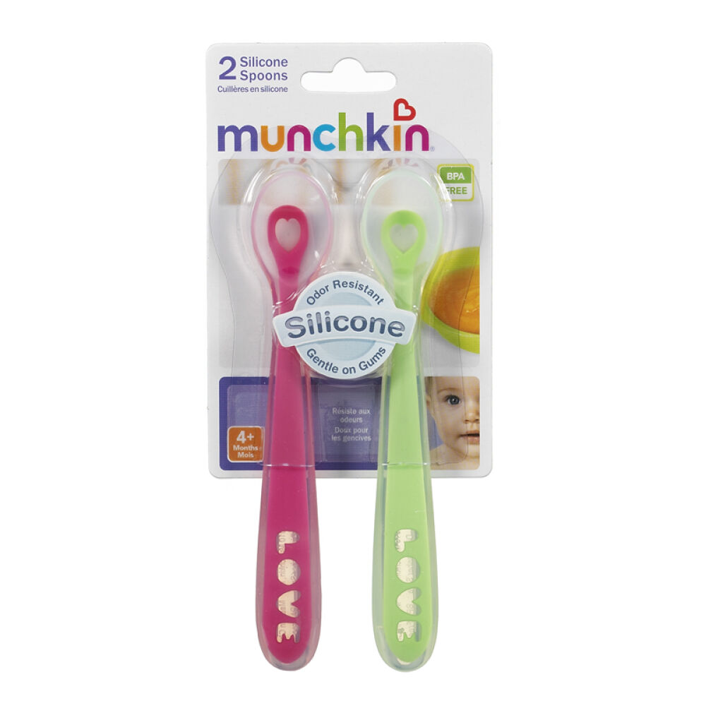 美国Munchkin麦肯齐婴儿硅胶喂食勺软头勺辅食勺单卖不含BPA红绿盒装2个