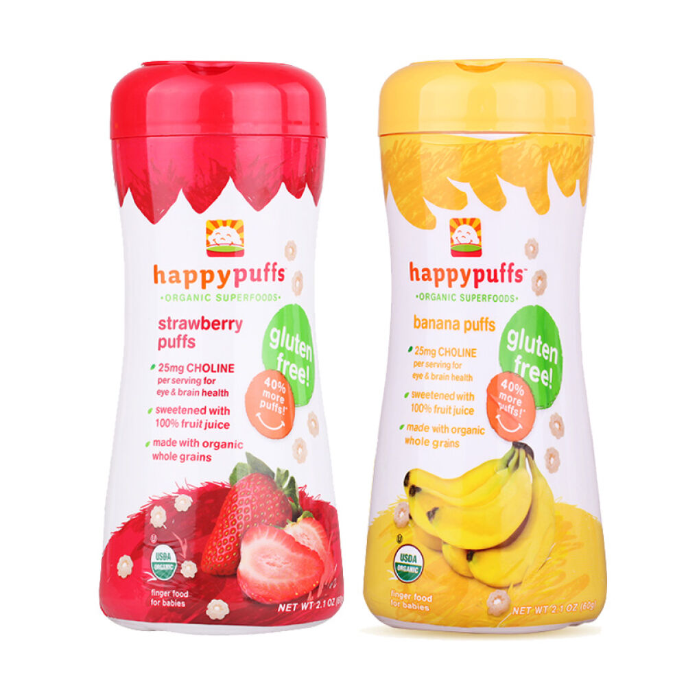 美国原装进口禧贝happybaby有机泡芙小麦圈婴儿饼干宝宝零食香蕉+草莓