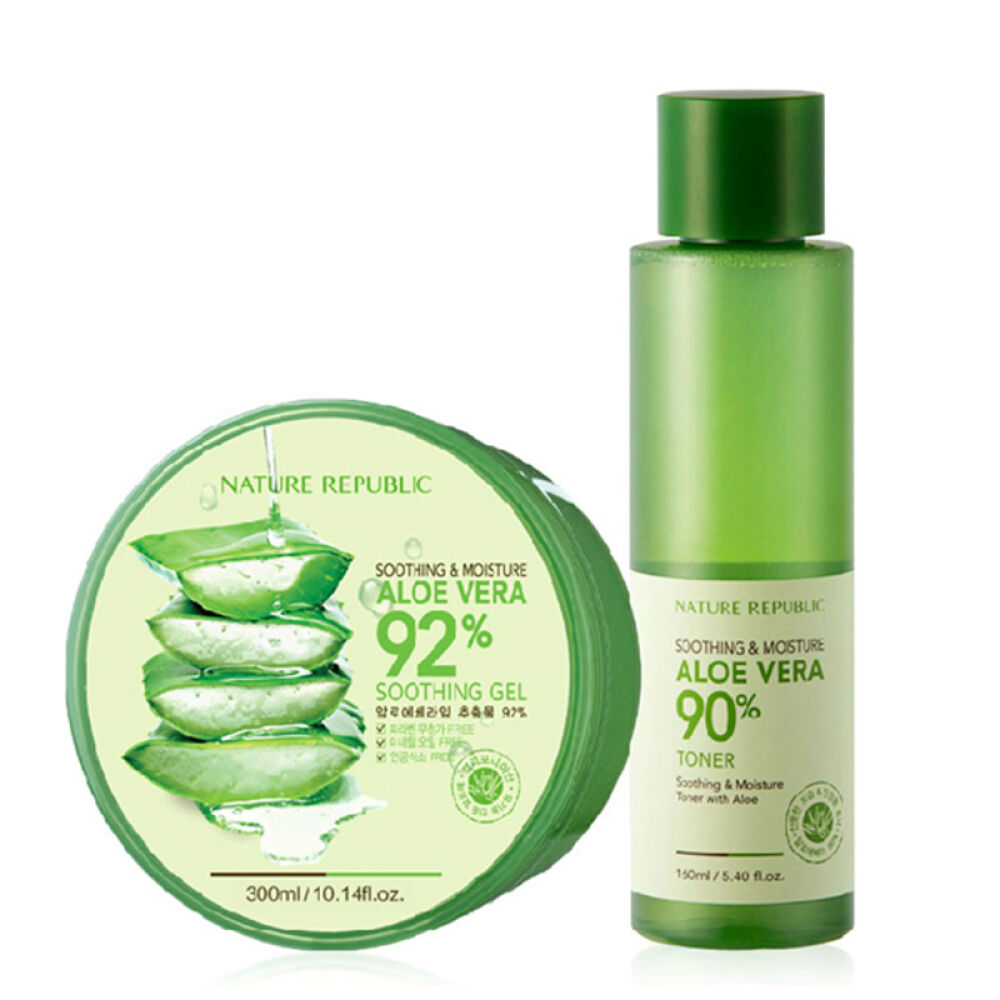 NatureRepublic自然乐园芦荟胶男女祛痘消印补水保湿面膜套装芦荟胶300ml+芦荟水160ml