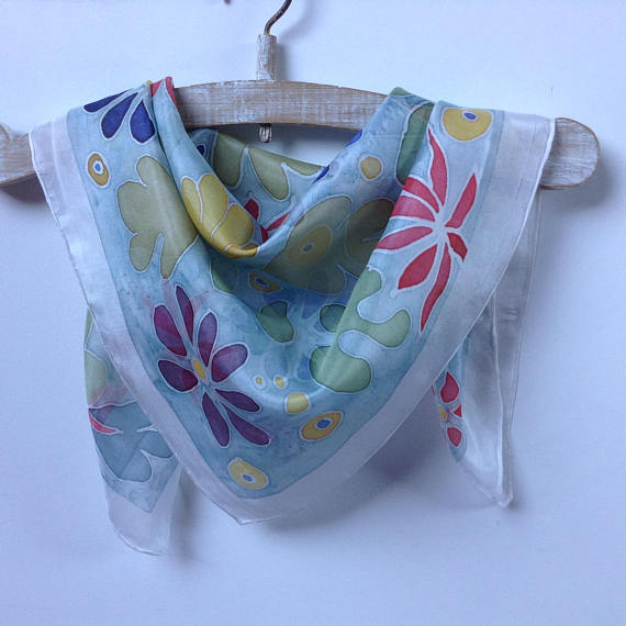 UniqueHandmadeSilkScarf-HandPaintedPureSilkNeckerchief-FlowerySilkScarf-SpringSilkBandana-LovelyGiftMom-55x55cm,v