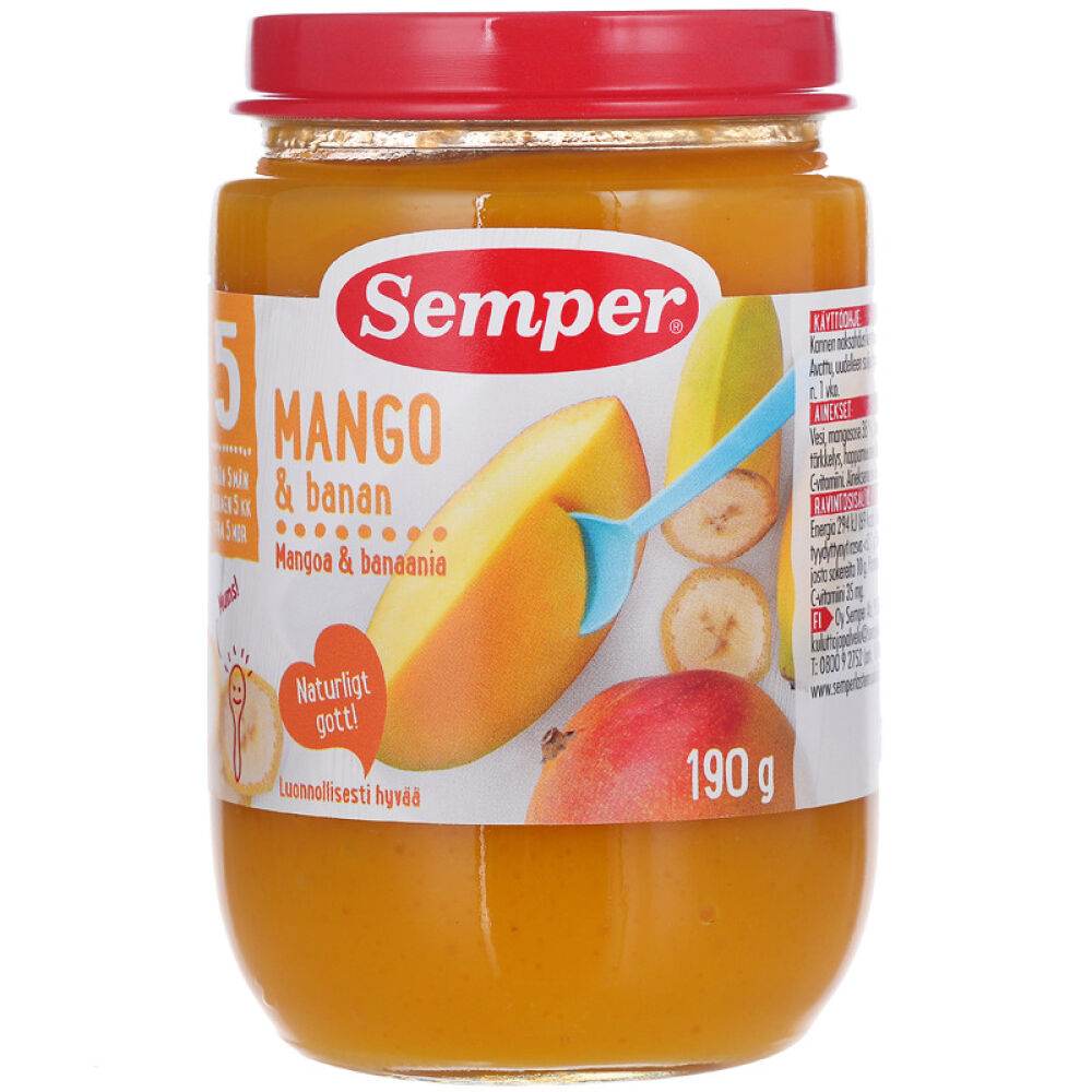 丹麦原装进口【森宝Semper】婴幼儿水果泥190克瓶装多种口味芒果与香蕉水果泥