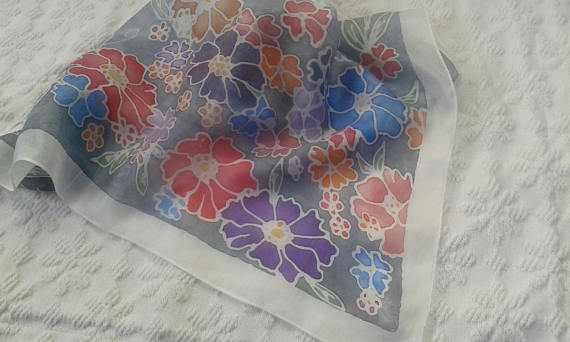 UniqueHandmadeSilkScarf-HandPaintedPureSilkNeckerchief-FlowerySilkScarf-SpringSilkBandana-LovelyGiftMom-55x55cm,v