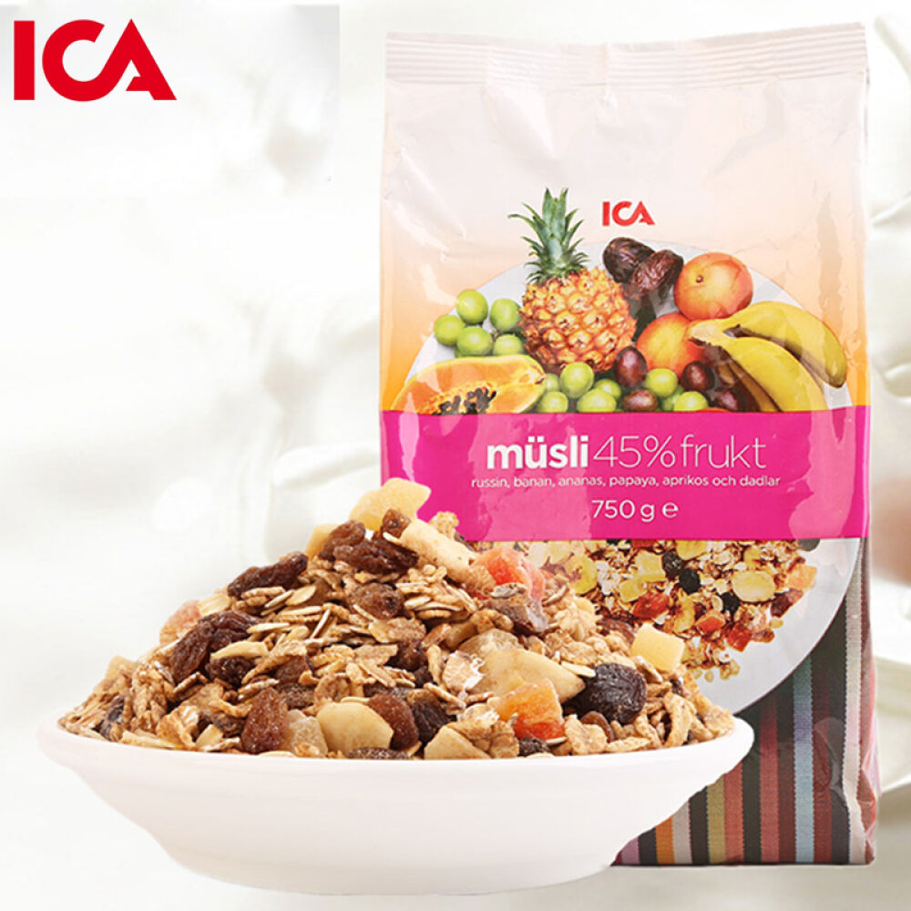【满2包减5元】瑞典进口ICA麦片水果燕麦片进口营养早餐冲饮即食45%水果燕麦片750g