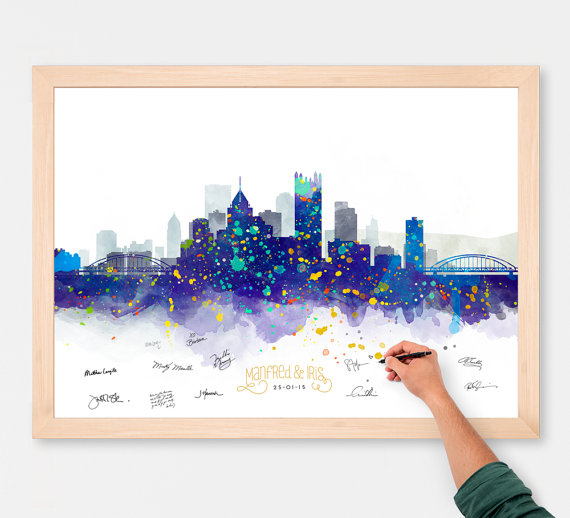 WeddingGuestBookAlternativeWatercolorPittsburghSkylinePoster-AddQuote,Date-WeddingDecor-PersonalizedGuestBook