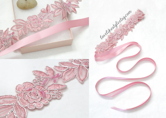 VintagePinkEmbroideryFlowerLaceSash,BridalPinkSashBelt,BridesmaidSash,BridesmaidHeadband,HeadTie.